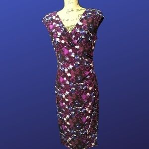 LAUREN RALPH LAUREN Empire Ruched CAP SLEEVE Dress, Purple/Pink/White FLORAL, 10